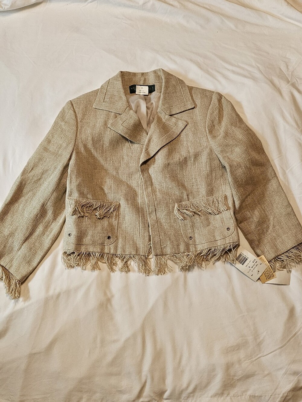 Harve Benard Vintage Fringe Hem Linen Boxy Open Front Boho Chic Blazer Size 6 - Picture 2 of 8